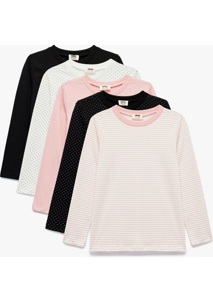 Pamuklu Bisiklet Yaka Uzun Kollu Desenli 5'li Tişört Seti