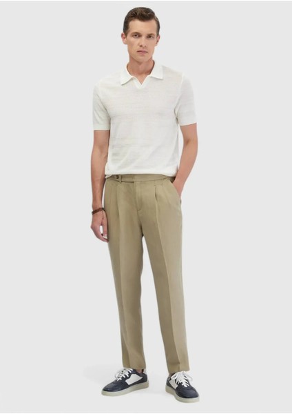 Ekru Polo Yaka Jakarlı Keten Karışımlı Triko fiyatları