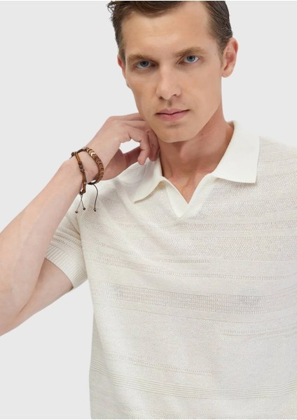 Ekru Polo Yaka Jakarlı Keten Karışımlı Triko modelleri