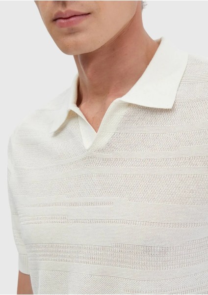 Ekru Polo Yaka Jakarlı Keten Karışımlı Triko indirimleri