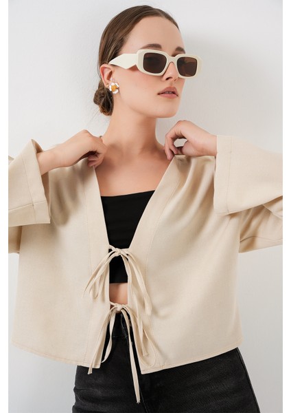 Önü Bağlamalı Keten Kimono 960 - Krem modelleri