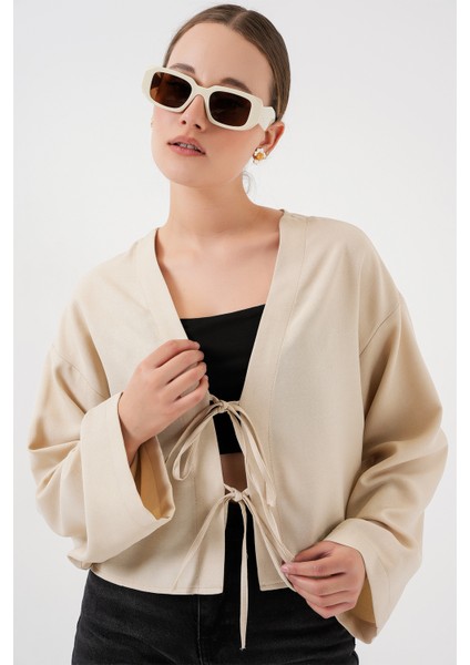Önü Bağlamalı Keten Kimono 960 - Krem fırsatları