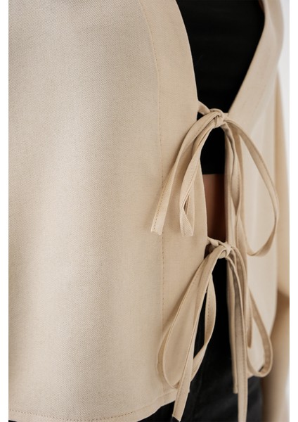 Önü Bağlamalı Keten Kimono 960 - Krem indirimleri