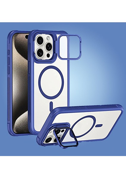 iPhone 11 Pro Max Uyumlu Standlı Kamera Kısmı Cam Korumalı Arkası Mat Renkli Magsafe Kılıf