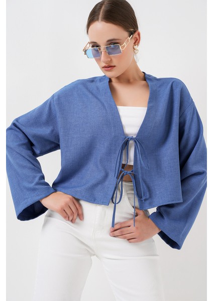 Önü Bağlamalı Keten Kimono 960 - Indigo