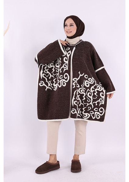12610 Desenli Sakal ve Düğmeli Panço Kahverengi fiyatları