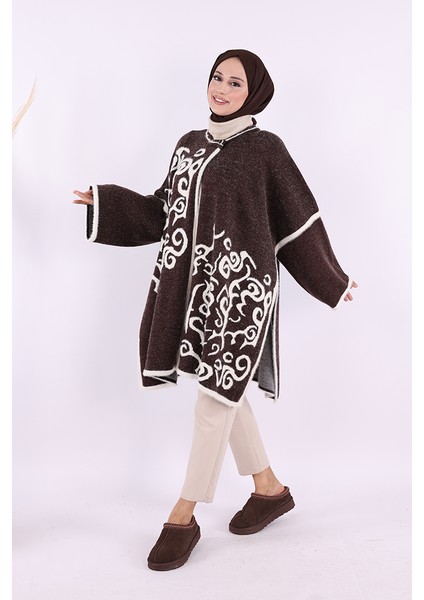 12610 Desenli Sakal ve Düğmeli Panço Kahverengi modelleri