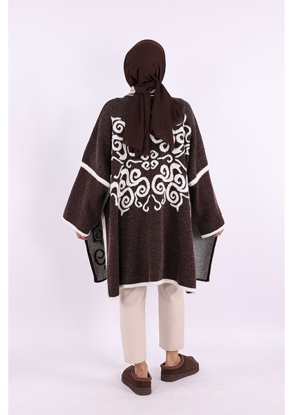 12610 Desenli Sakal ve Düğmeli Panço Kahverengi fırsatları