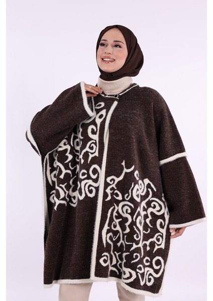 12610 Desenli Sakal ve Düğmeli Panço Kahverengi indirimleri