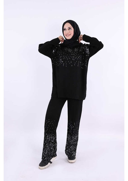 12665 Gümüş Baskı Detaylı Triko Takım Siyah