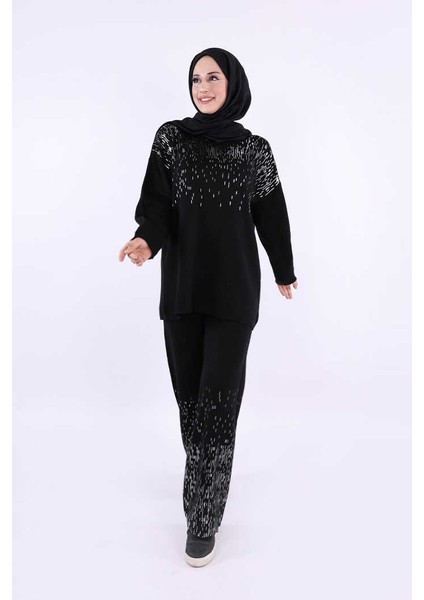12665 Gümüş Baskı Detaylı Triko Takım Siyah fiyatları
