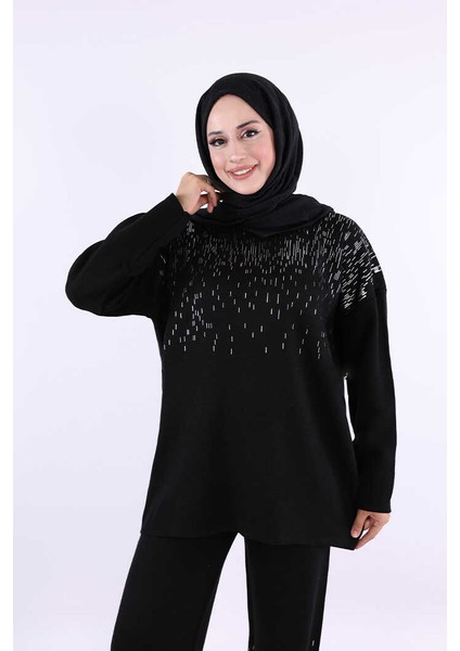 12665 Gümüş Baskı Detaylı Triko Takım Siyah modelleri