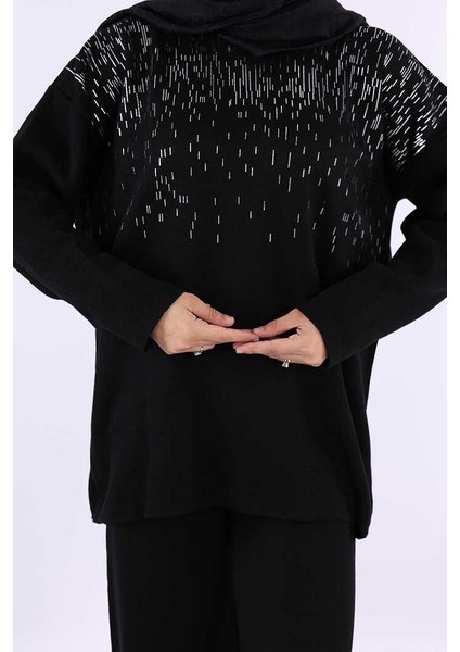 12665 Gümüş Baskı Detaylı Triko Takım Siyah fırsatları