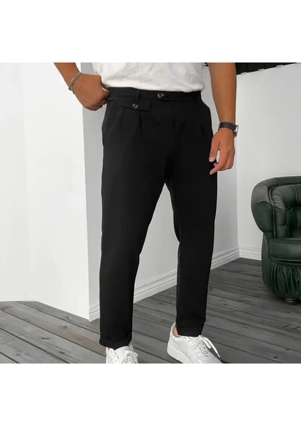 Erkek Belden Düğmeli Cepli Dokuma Pantolon