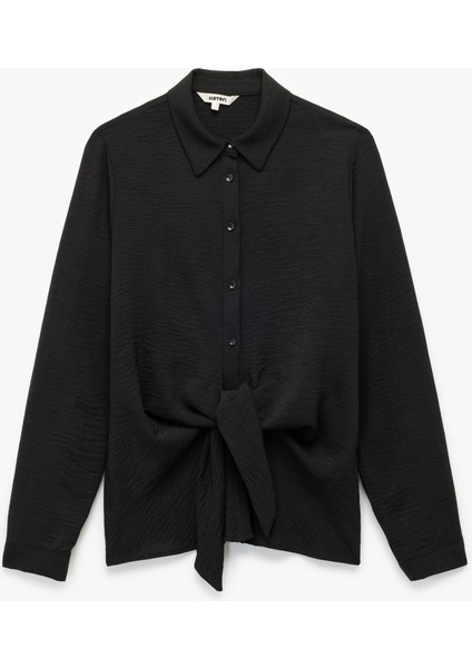 Aerobin Kumaş Önden Bağlama Detaylı Klasik Yaka Uzun Kollu Gömlek