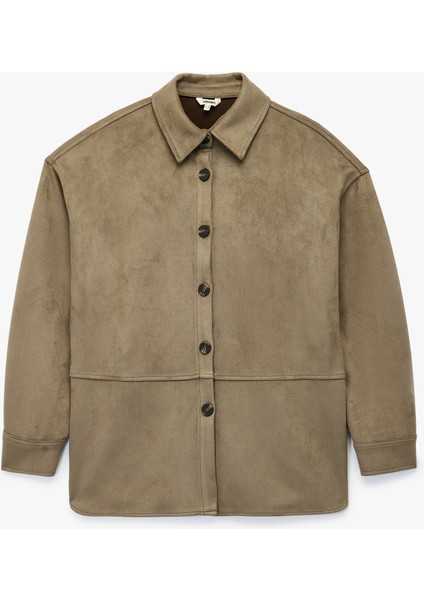 Kruvaze Yaka Uzun Kollu Düğmeli Suni Süet Gömlek Ceket