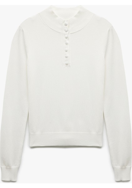 Hafif Dik Yaka Yarım Düğme Detaylı Uzun Kollu Triko Basic Kazak modelleri