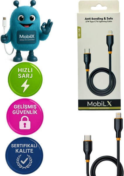 Mobilx Mu-08 27W Pd Silikon Type-C To Lightning Hızlı Şarj ve Data Kablosu (1m)