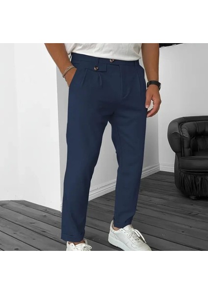 Erkek Belden Düğmeli Cepli Dokuma Pantolon
