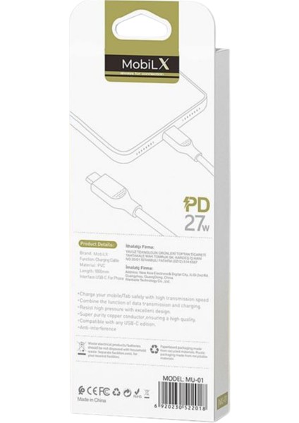 Mobilx Mu-01 Type-C To Lightning Pd 27W Şarj ve Data Kablosu (1m) – iPhone Uyumlu modelleri