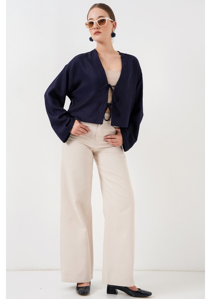 Önü Bağlamalı Keten Kimono 960 - Lacivert fiyatları