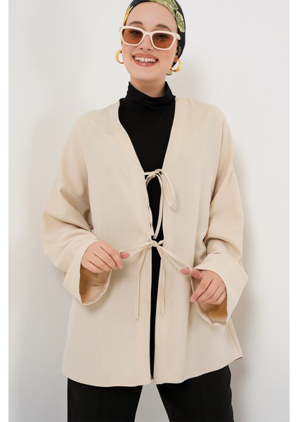 Keten Tesettür Kimono 5968 - Krem fırsatları