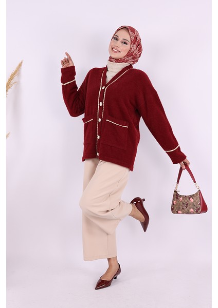 12620 Inci Detay Sakallı Hırka Bordo modelleri