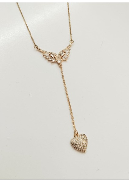 Çelik Y Melek Kalp Taşlı Kolye