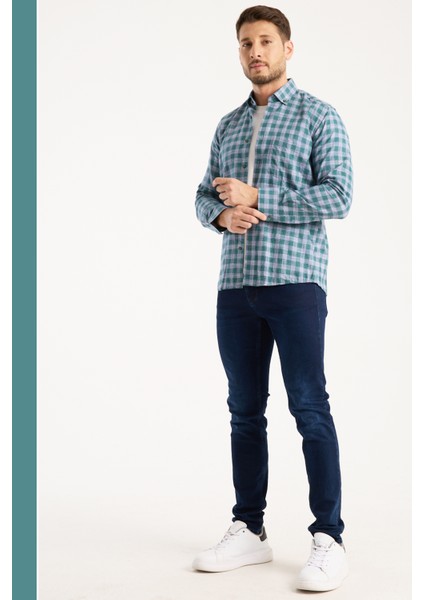 Erkek Gömlek Turkuaz Yeşil Uzun Kollu Pamuklu Kareli Çift Cepli Rahat Günlük Şık Klasik Model