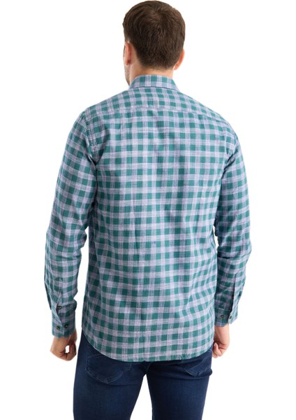 Erkek Gömlek Turkuaz Yeşil Uzun Kollu Pamuklu Kareli Çift Cepli Rahat Günlük Şık Klasik Model modelleri