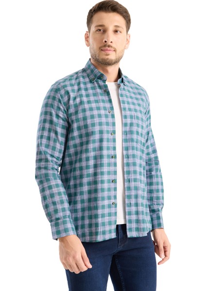 Erkek Gömlek Turkuaz Yeşil Uzun Kollu Pamuklu Kareli Çift Cepli Rahat Günlük Şık Klasik Model fırsatları
