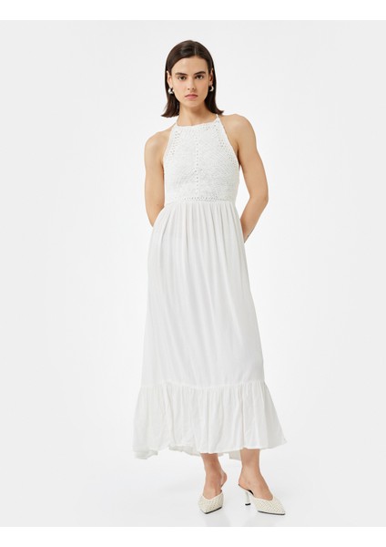 Viskon Krinkıl Kumaş Kroşe Detaylı Boyundan Bağlamalı Halter Yaka Uzun Elbise