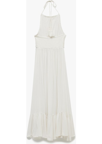 Viskon Krinkıl Kumaş Kroşe Detaylı Boyundan Bağlamalı Halter Yaka Uzun Elbise indirimleri