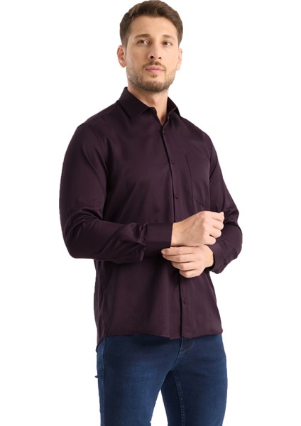 Erkek Gömlek Mürdüm Uzun Kollu Pamuklu Düz Renk Tek Cepli Günlük Şık Klasik Model modelleri