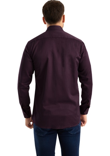 Erkek Gömlek Mürdüm Uzun Kollu Pamuklu Düz Renk Tek Cepli Günlük Şık Klasik Model fırsatları