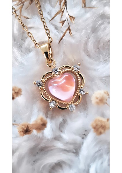 Kalp Figür Opal Zirkon Taşlı Çelik Kolye