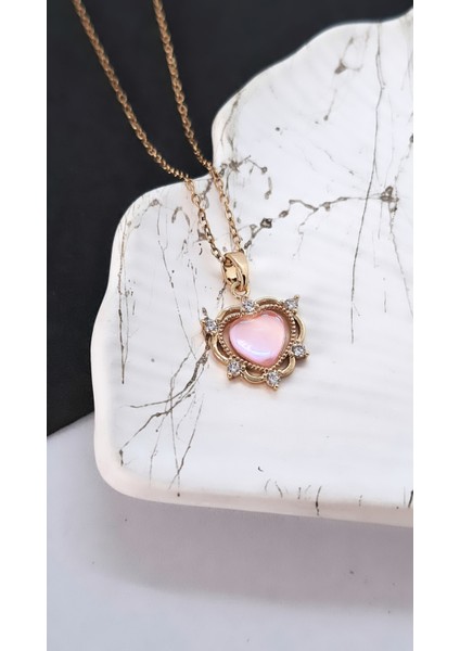 Kalp Figür Opal Zirkon Taşlı Çelik Kolye modelleri