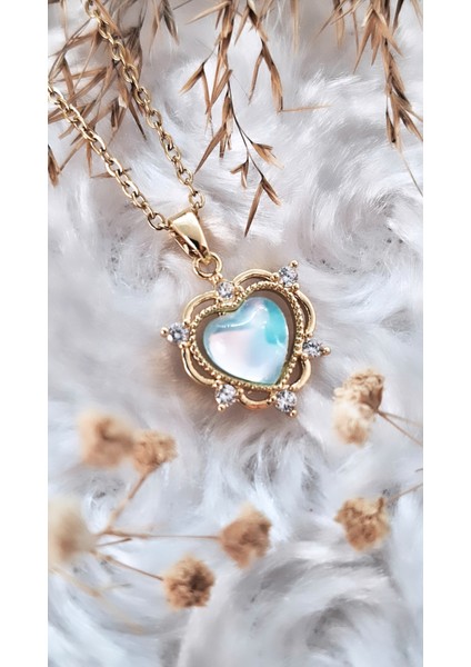 Kalp Figür Opal Zirkon Taşlı Çelik Kolye