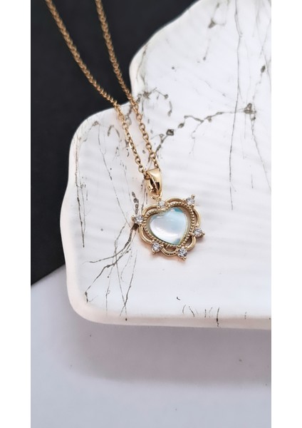 Kalp Figür Opal Zirkon Taşlı Çelik Kolye modelleri