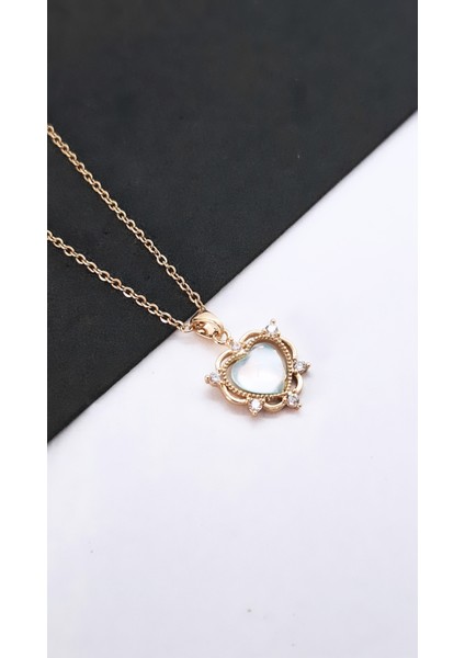 Kalp Figür Opal Zirkon Taşlı Çelik Kolye fırsatları