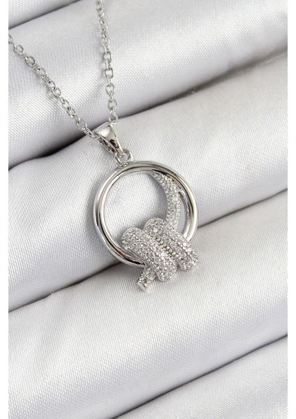 316L Çelik Zirkon Taşlı Düğüm Model Gümüş Renk Kadın Kolye - Lisinya