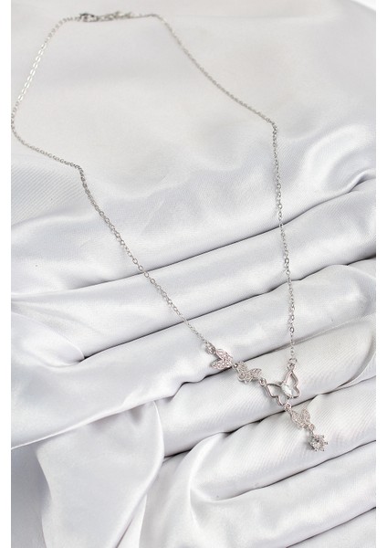 316L Çelik Zirkon Taşlı Kelebek Model Gümüş Renk Kadın Kolye - Lisinya fiyatları