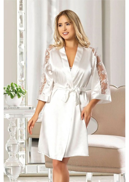2022 Kadın Dantel Detaylı Saten Ip Askılı Kısa Gecelik Sabahlık Takım-Beyaz fiyatları