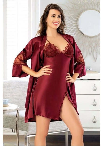 2065 Kadın Dantel Detaylı Saten Ip Askılı Kısa Gecelik Sabahlık Takım-Bordo