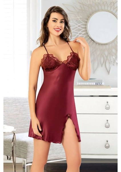 2065 Kadın Dantel Detaylı Saten Ip Askılı Kısa Gecelik Sabahlık Takım-Bordo fiyatları