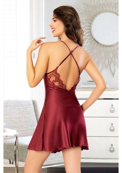 2065 Kadın Dantel Detaylı Saten Ip Askılı Kısa Gecelik Sabahlık Takım-Bordo modelleri