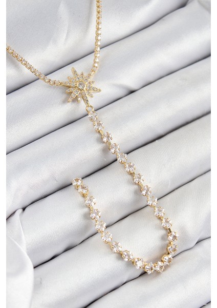 Pirinç Zirkon Taşlı Kutup Yıldızı Model Gümüş Renk Y Kolye - Lisinya