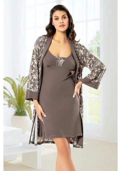 6022 Kadın Viskon Ip Askılı Gecelik Sabahlık Takım-Kahve