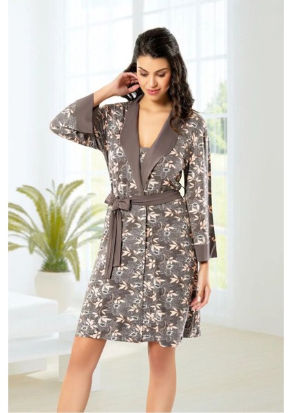 6022 Kadın Viskon Ip Askılı Gecelik Sabahlık Takım-Kahve fiyatları