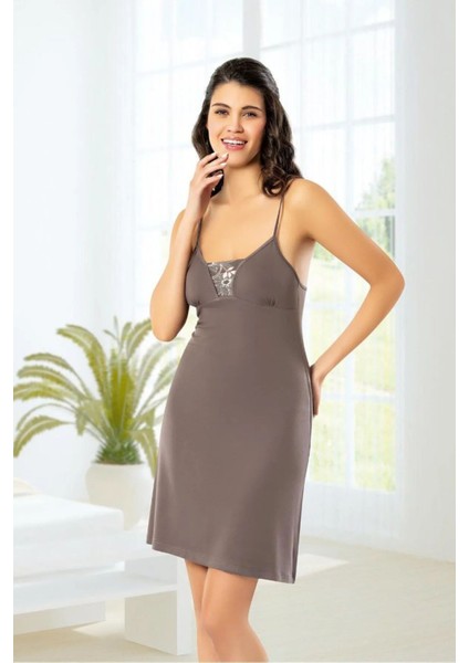 6022 Kadın Viskon Ip Askılı Gecelik Sabahlık Takım-Kahve modelleri